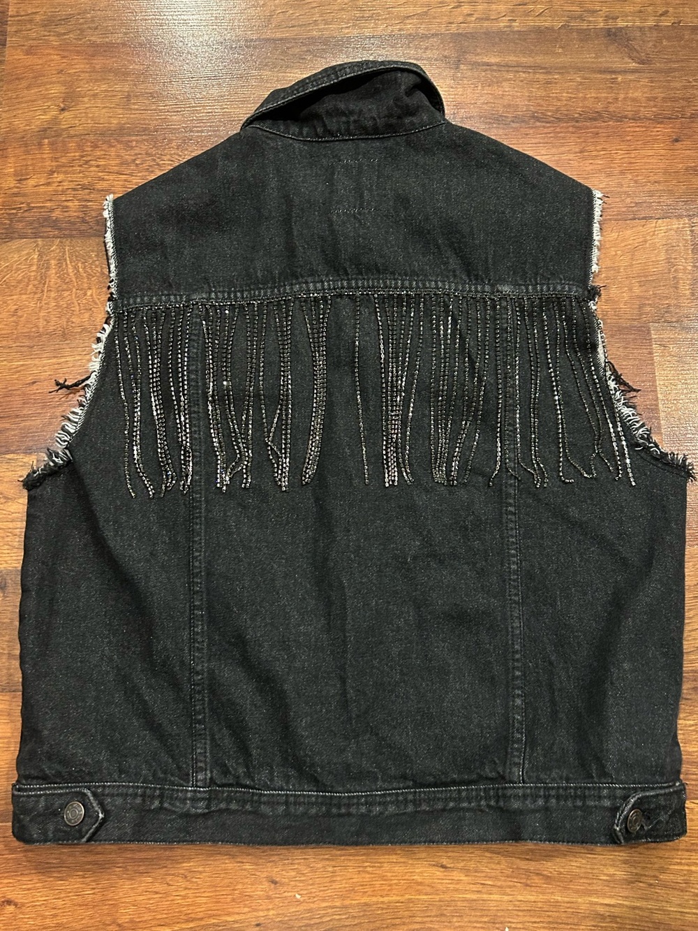 White Birch Denim Black Vest with Rhinestone Fringe Size Medium Mens Womens